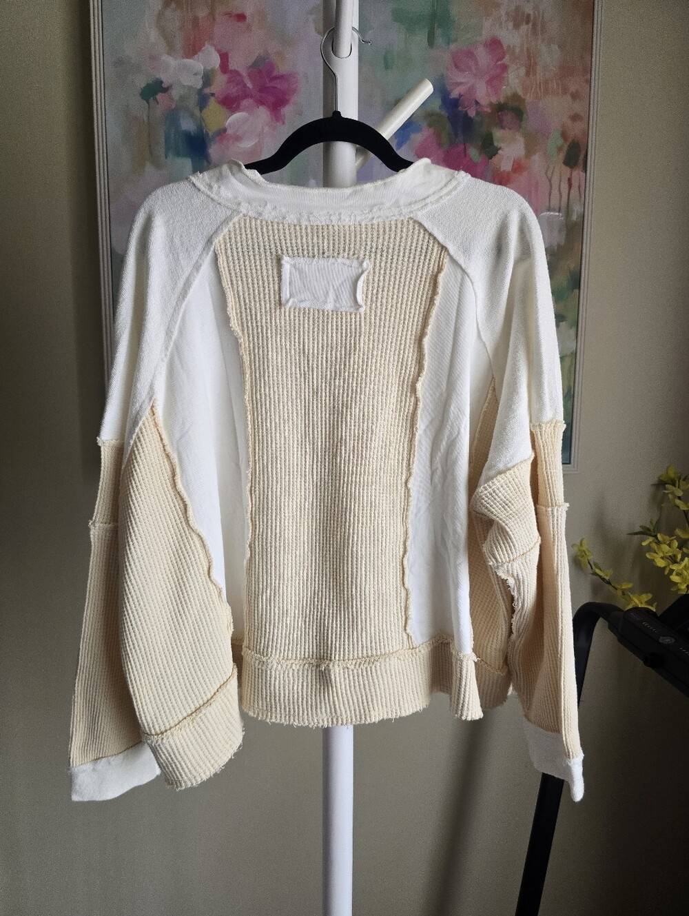 POL Oversized Patchwork Waffle Knit Raw Seam Top Small NWOT - Picture 4 of 7